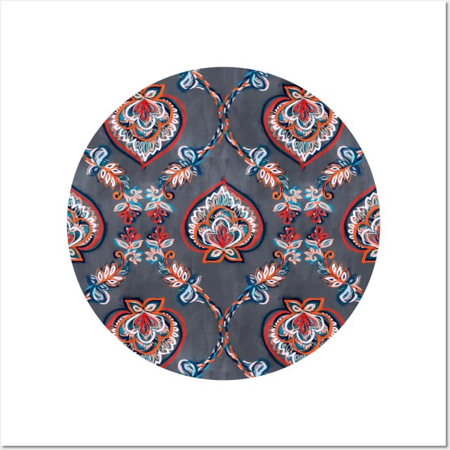 Floral Ogees in Red & Blue on Grey Wall Art by micklyn